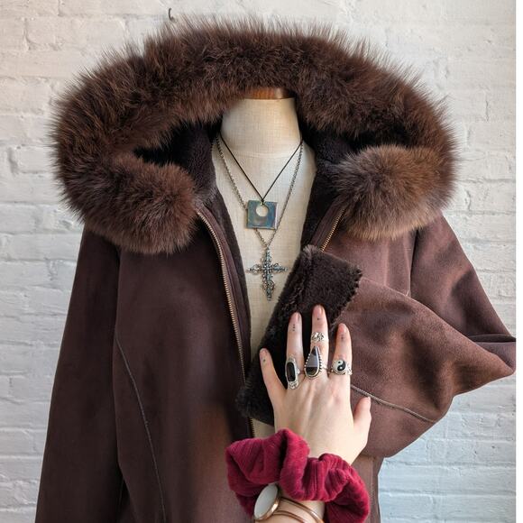 Vintage Brown Faux Suede Fox Fur Trim Coat Minimalist Mini Trench Boho Jacket - Picture 6 of 10